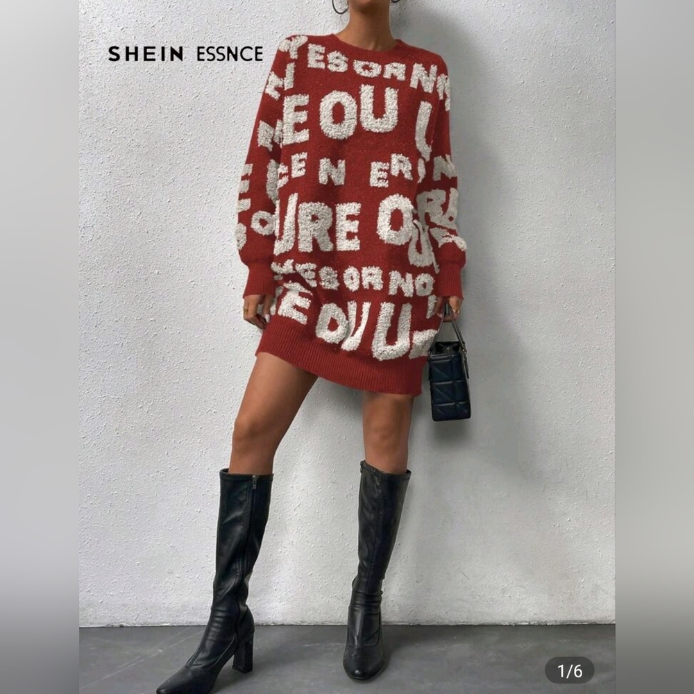 SHEIN Essnce Women's Casual Round Neck Sweater Dress With Letter Print. Size S.